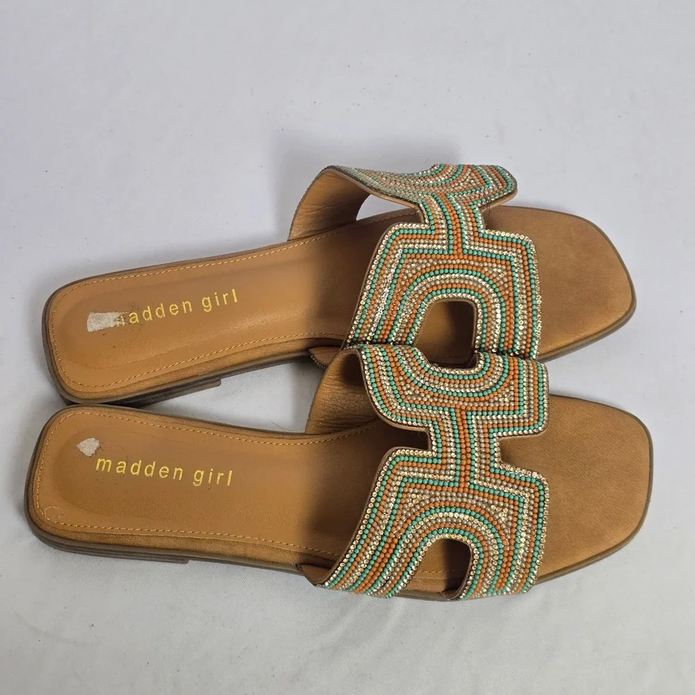 Madden Girl Womens Beaded H-Band Slide Sandals‎ Orange Turquoise Rhinestone 8.5